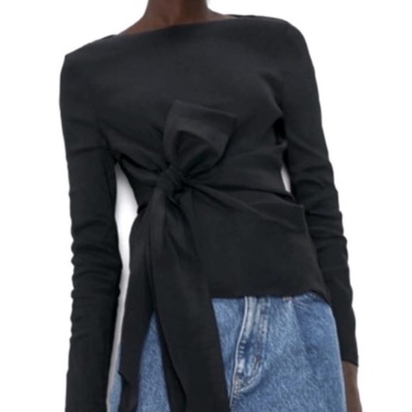 ZARA Black Front Tie Stretch Long Sleeve Top S - Picture 1 of 5
